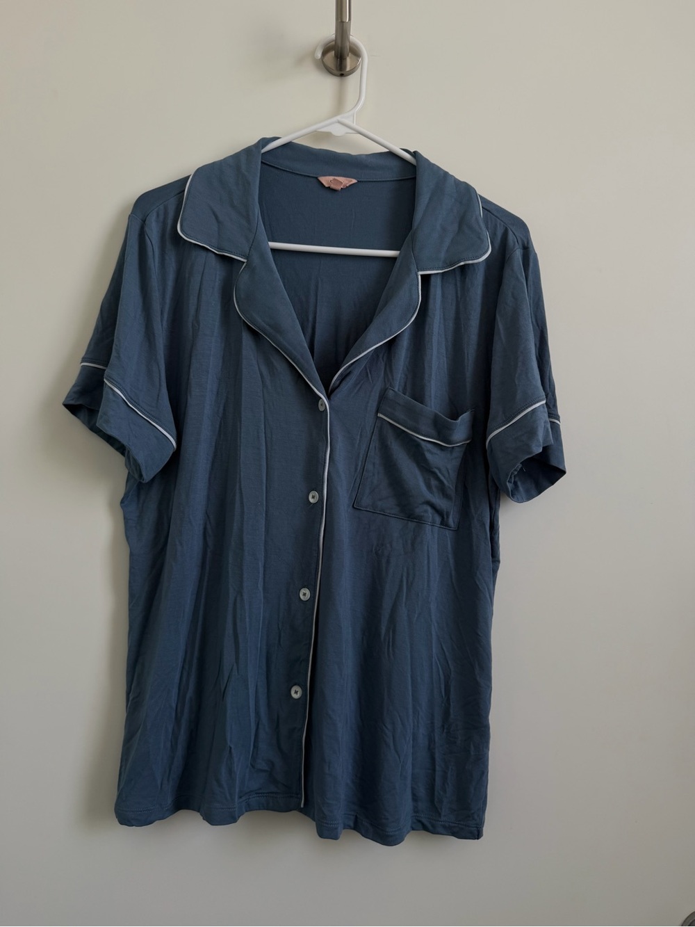 Eberjey Short Sleeve Button Shirt in Slate Blue with White Piping